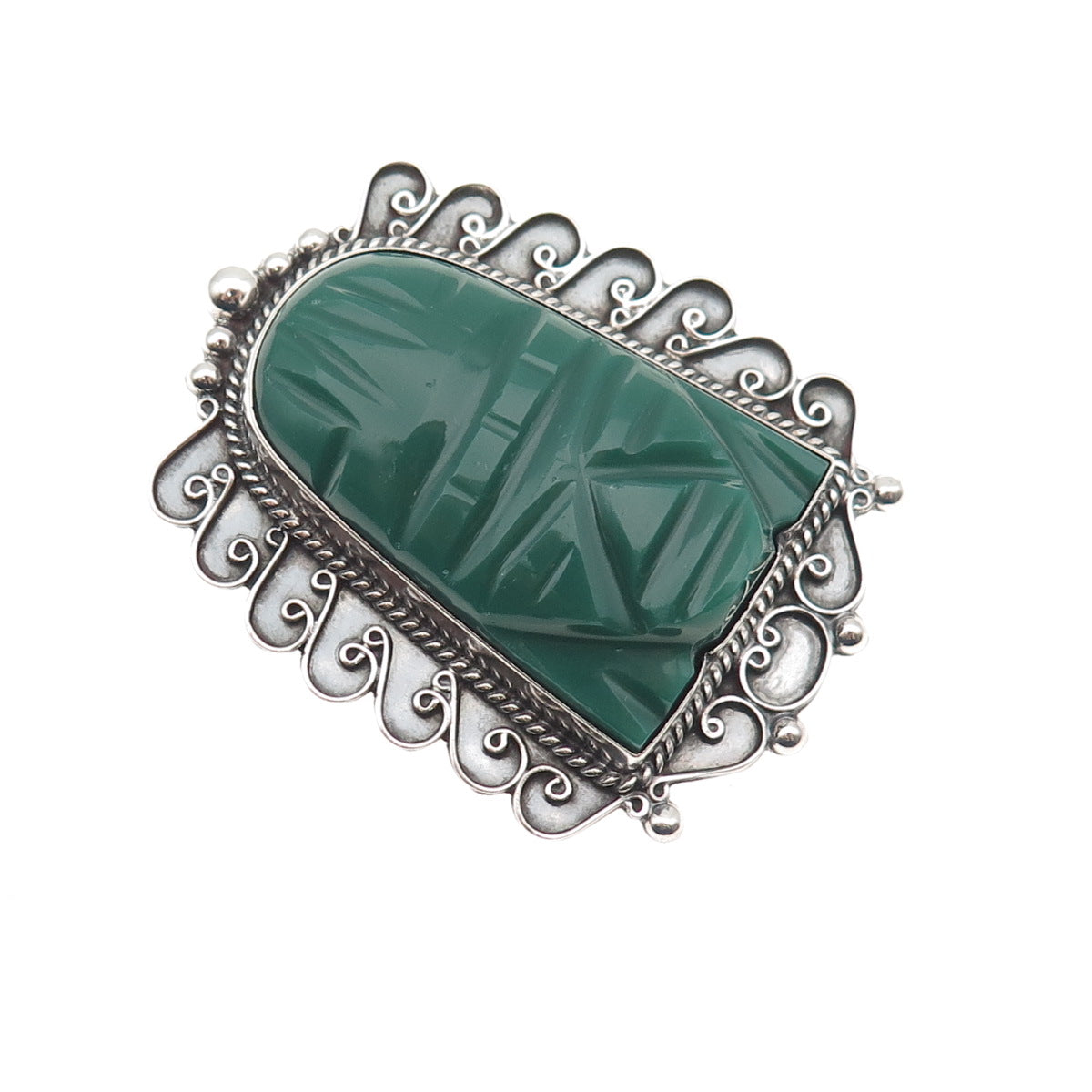 925 Sterling Silver Vintage Mexico Real Green Onyx Aztec God Pin Brooch