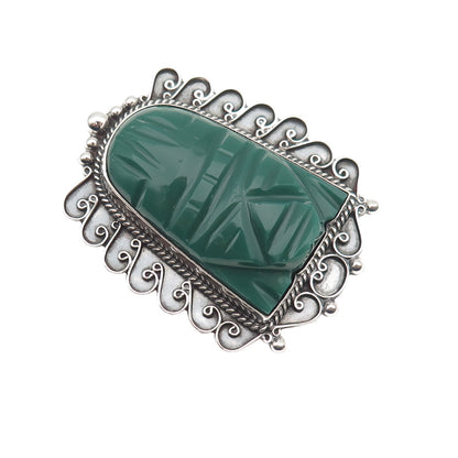 925 Sterling Silver Vintage Mexico Real Green Onyx Aztec God Pin Brooch
