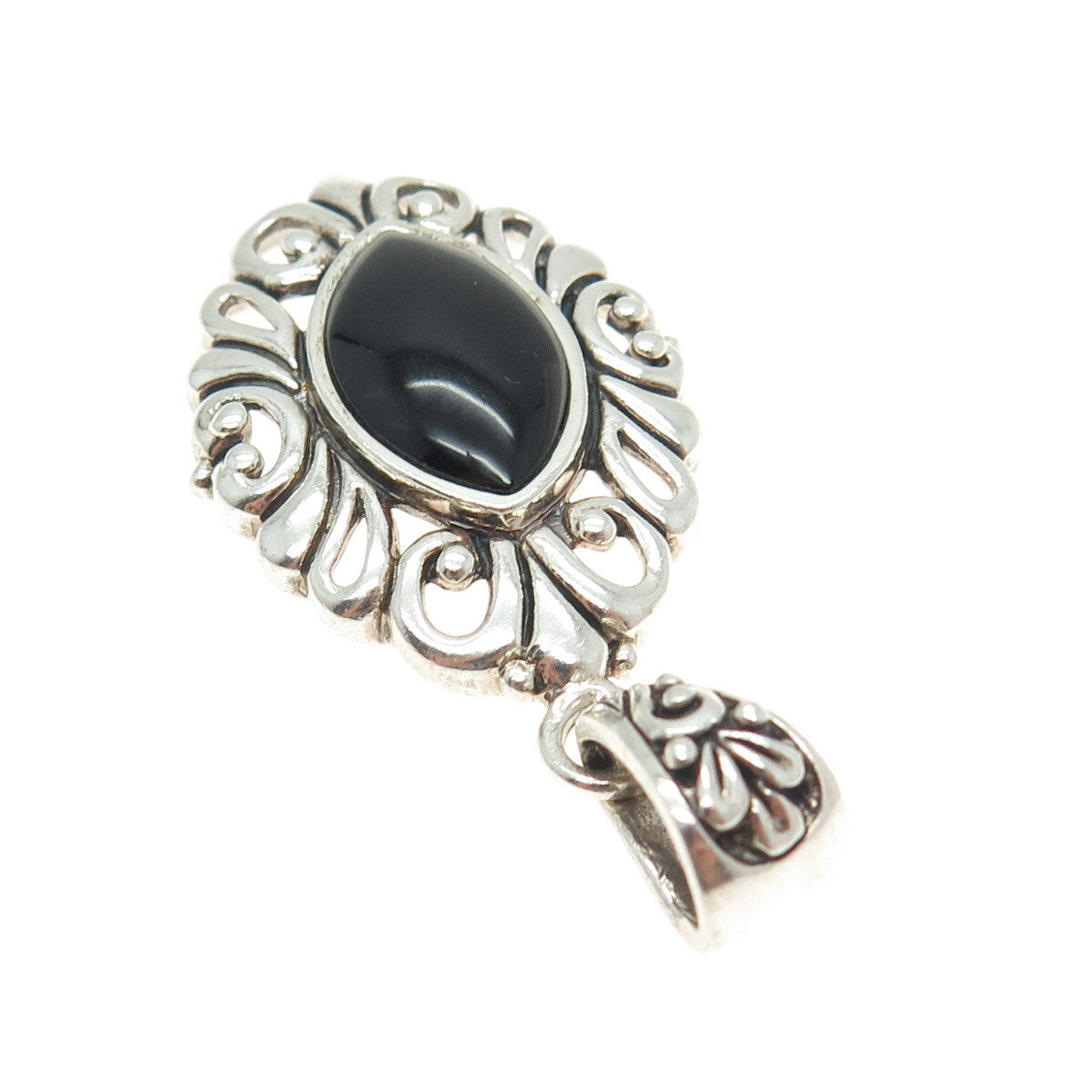 925 Sterling Silver Vintage Real Marquise-Cut Black Onyx Floral Pendant