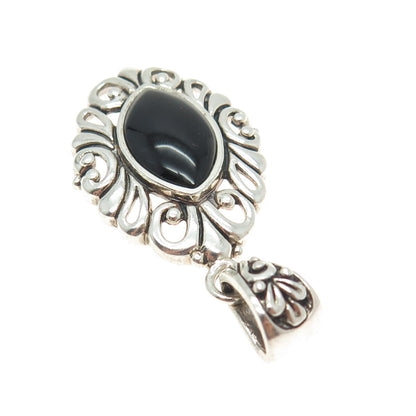 925 Sterling Silver Vintage Real Marquise-Cut Black Onyx Floral Pendant