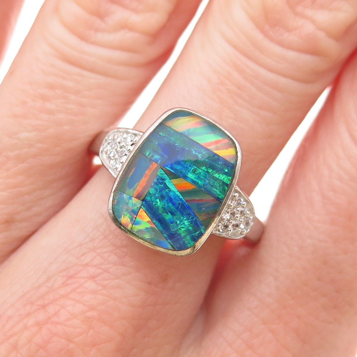 925 Sterling Silver Real Doublet Opal & C Z Mosaic Ring Size 9.25