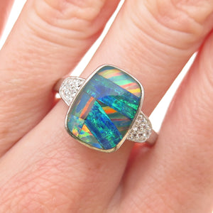 925 Sterling Silver Real Doublet Opal & C Z Mosaic Ring Size 9.25