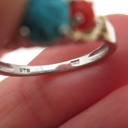 Chuck Clemency 925 Sterling Silver 2-Tone Real Turquoise & Coral Ring Size 8