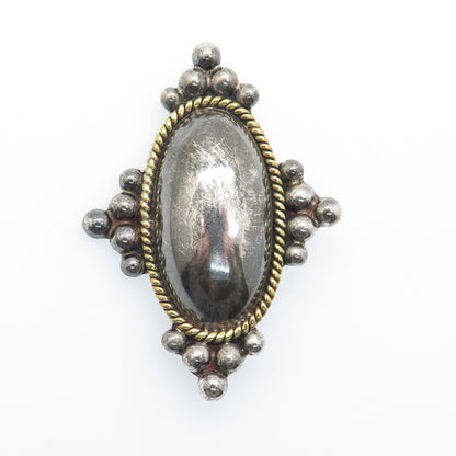 LATON 925 Sterling Silver 2-Tone Vintage Mexico Dome Oxidized Pin Brooch Pendant