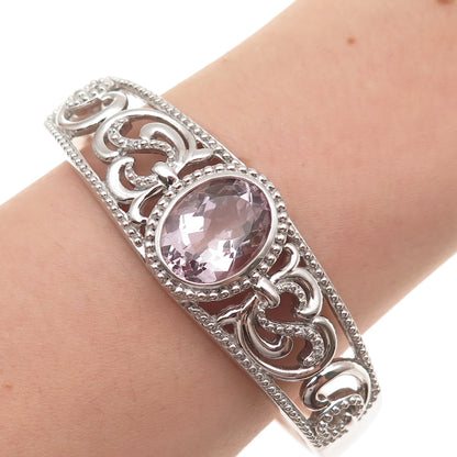 Sai 925 Sterling Silver Real Kunzite & C Z Floral Adjustable Cuff Bracelet 7.5"