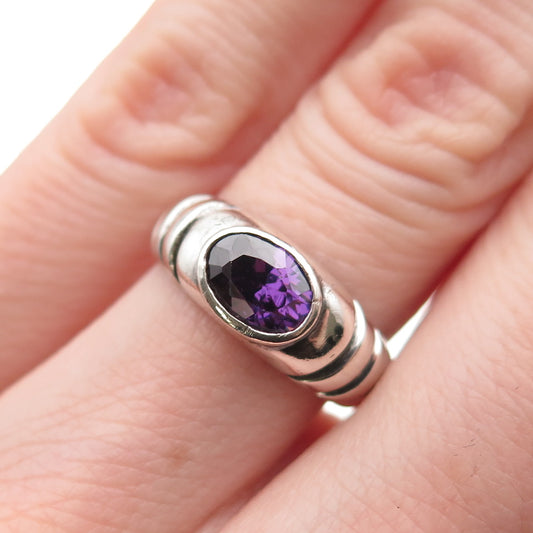 925 Sterling Silver Vintage Real Amethyst Modernist Oxidized Ring Size 4.75