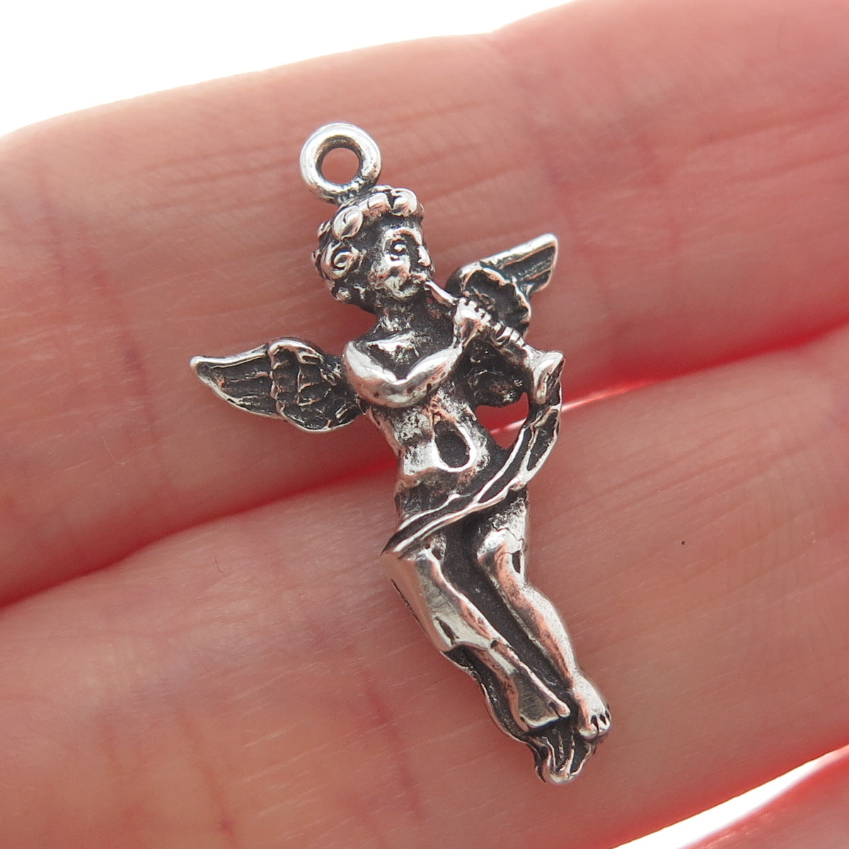 925 Sterling Silver Vintage Angel Playing Trumpet Oxidized Mini Charm Pendant