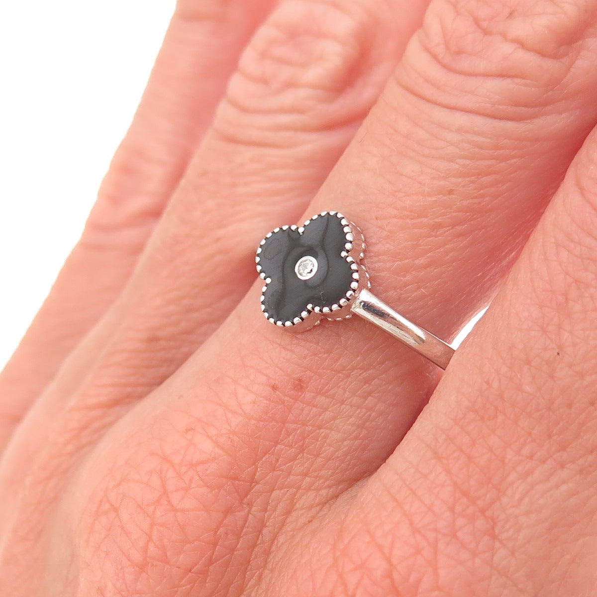 925 Sterling Silver Black Enamel & C Z Floral Ring Size 10