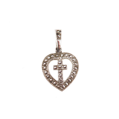 Theda Sterling Silver Antique Art Deco Real Marcasite Cross Heart Charm Pendant