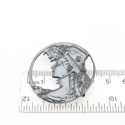 925 Sterling Silver Vintage Floral Lady Oxidized Pin Brooch