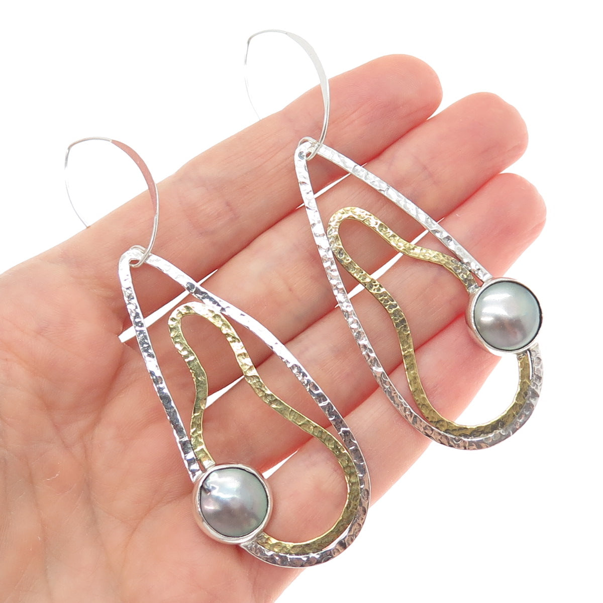 925 Sterling Silver 2-Tone Vintage Real Pearl Modernist Hammered Dangle Earrings