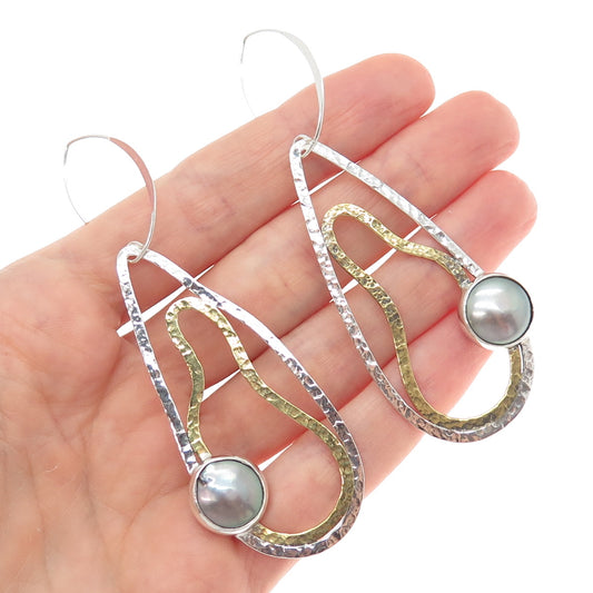 925 Sterling Silver 2-Tone Vintage Real Pearl Modernist Hammered Dangle Earrings