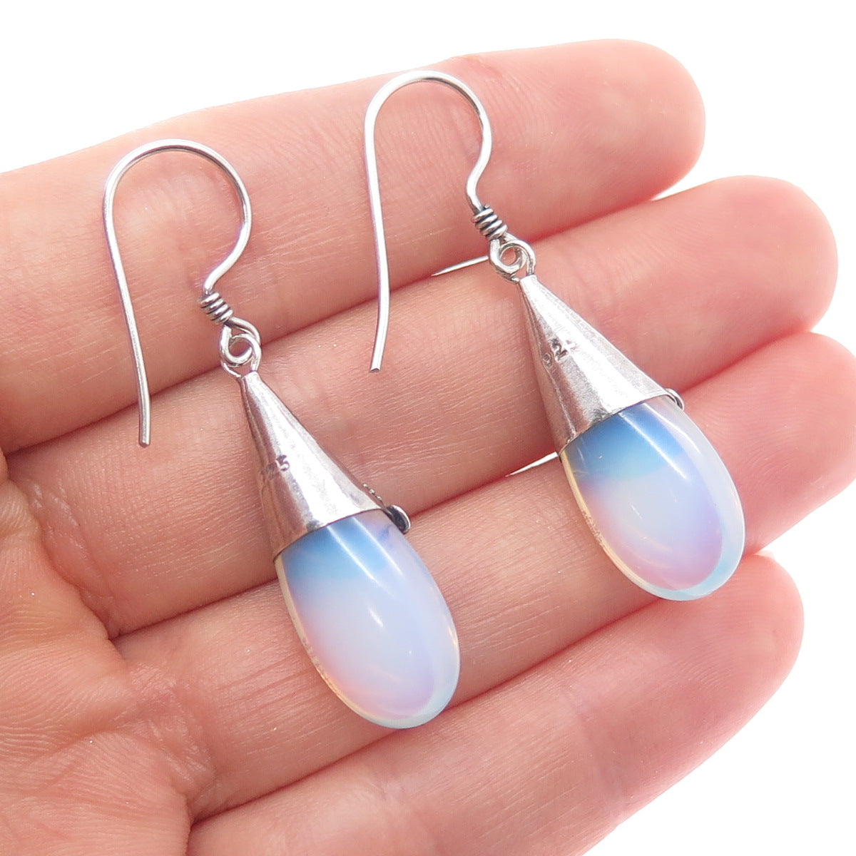 925 Sterling Silver Vintage Real Amethyst & Opalite Modernist Dangle Earrings