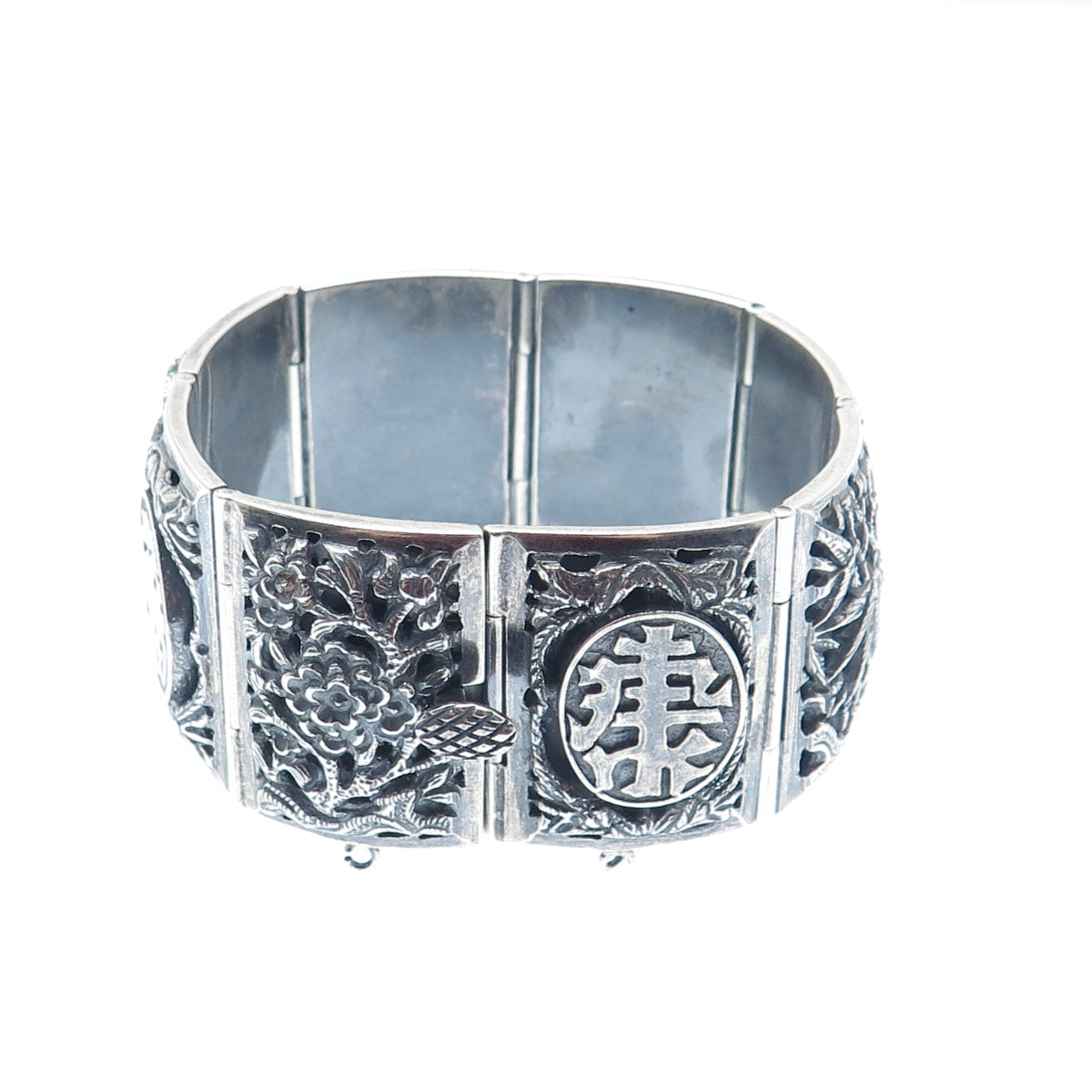 925 Sterling Silver Vintage Chinese Character & Floral Oxidized Bracelet 6.75"