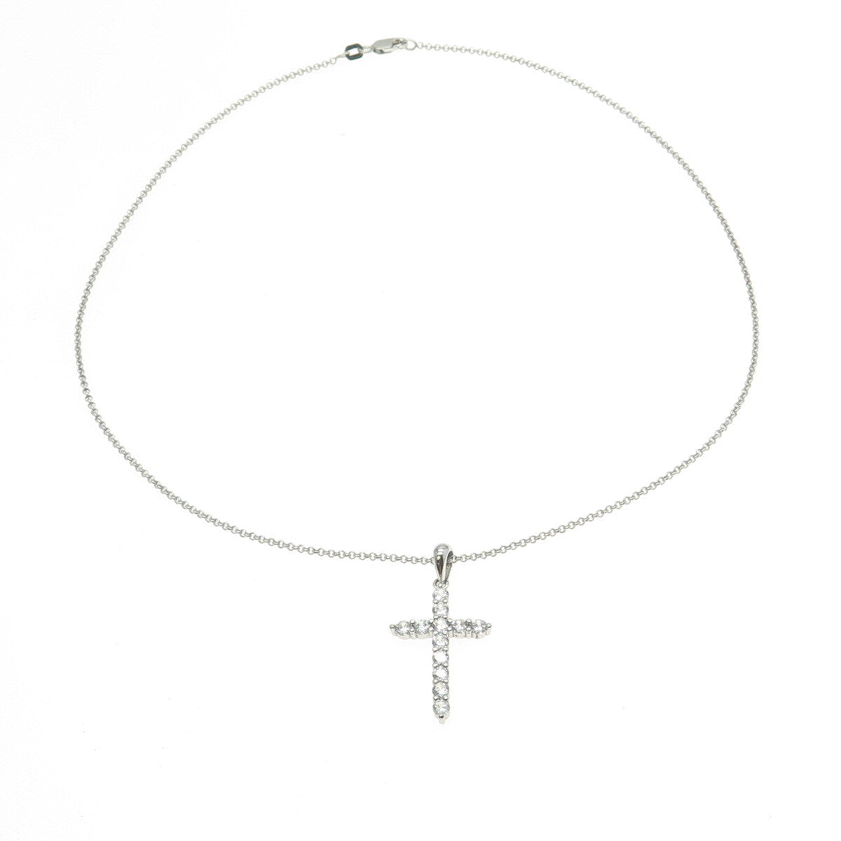925 Sterling Silver Italy Round-Cut Shaped C Z Cross Rolo Chain Necklace 16"