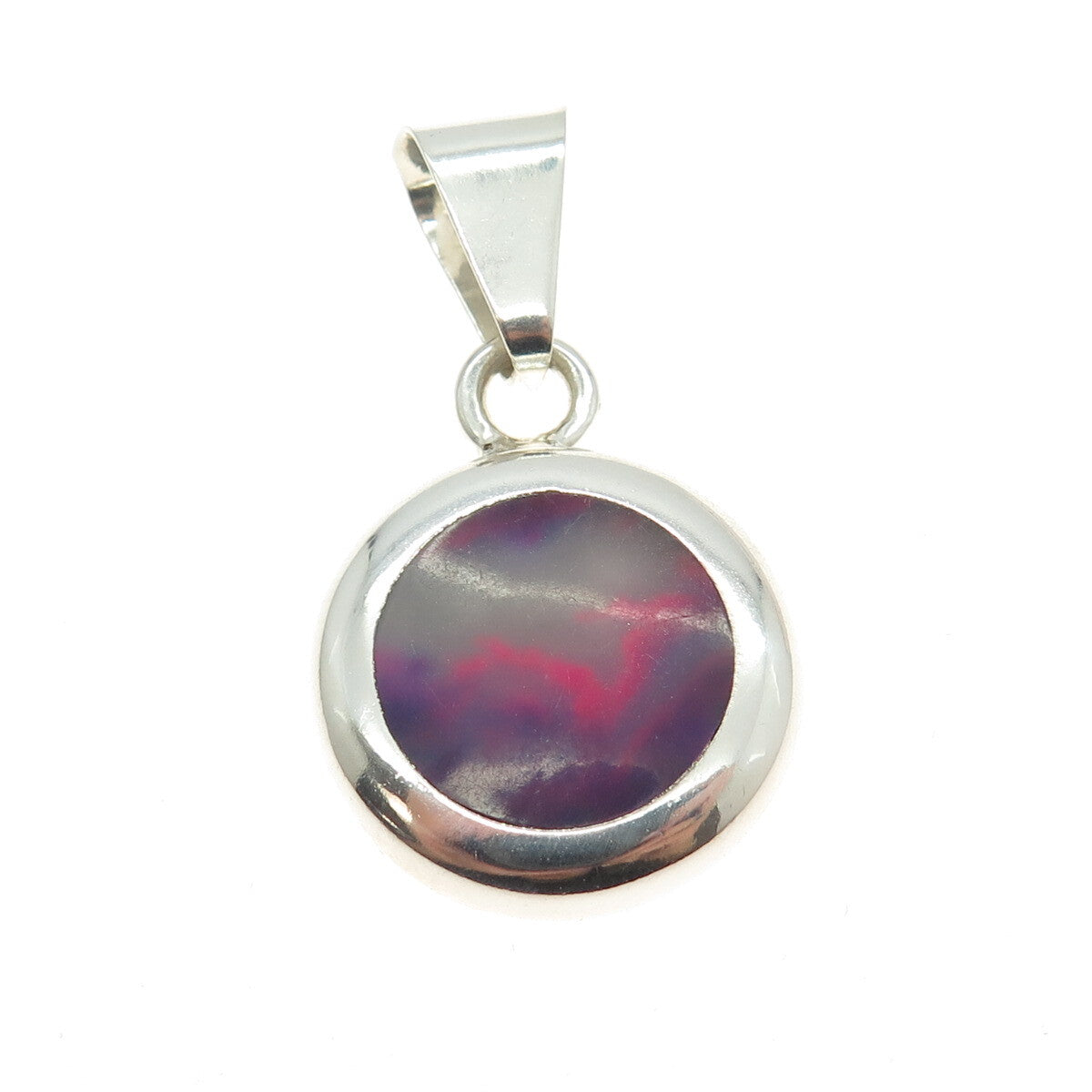 925 Sterling Silver Vintage Mexico Real Paint Agate Round Pendant