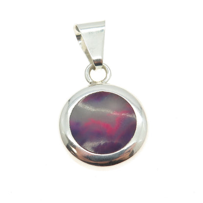 925 Sterling Silver Vintage Mexico Real Paint Agate Round Pendant