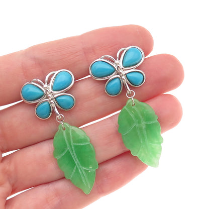925 Sterling Silver Real Turquoise & Jade Butterfly Floral Dangle Earrings