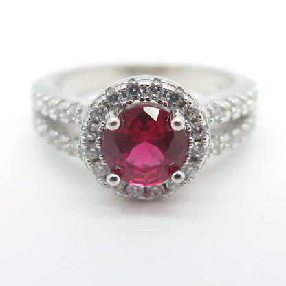 925 Sterling Silver Round-Cut Lab-Created Ruby & C Z Engagement Ring Size 5.25