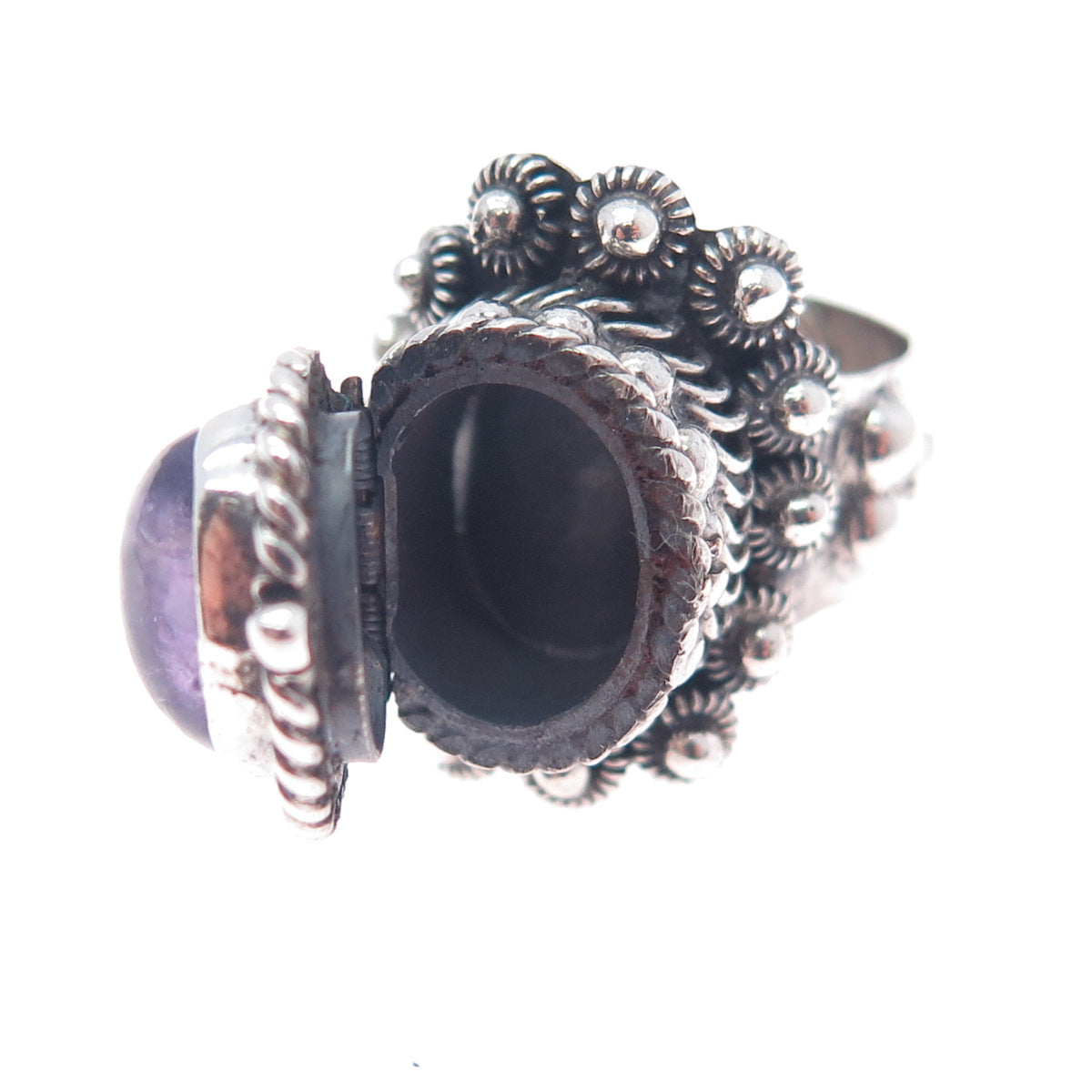 925 Sterling Silver Vintage Mexico Real Amethyst Adjustable Poison Ring Size 7