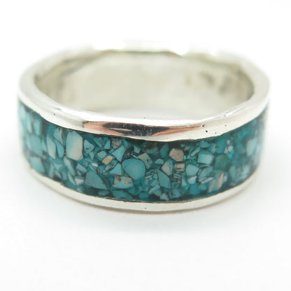 Old Pawn 925 Sterling Silver Vintage Turquoise Inlay Tribal Band Ring Size 7