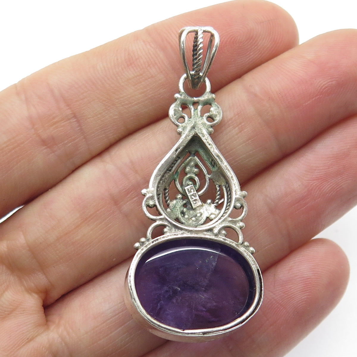 925 Sterling Silver Vintage Real Cabochon Amethyst Ornate Floral Pendant