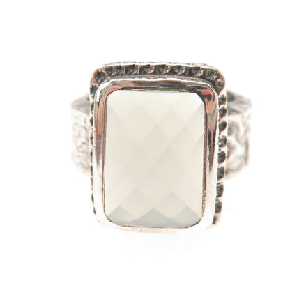 925 Sterling Silver Vintage Real Chalcedony Modernist Oxidized Ring Size 7.5
