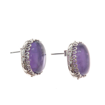 FADI 925 Sterling Silver Real Cabochon Amethyst Floral Earrings