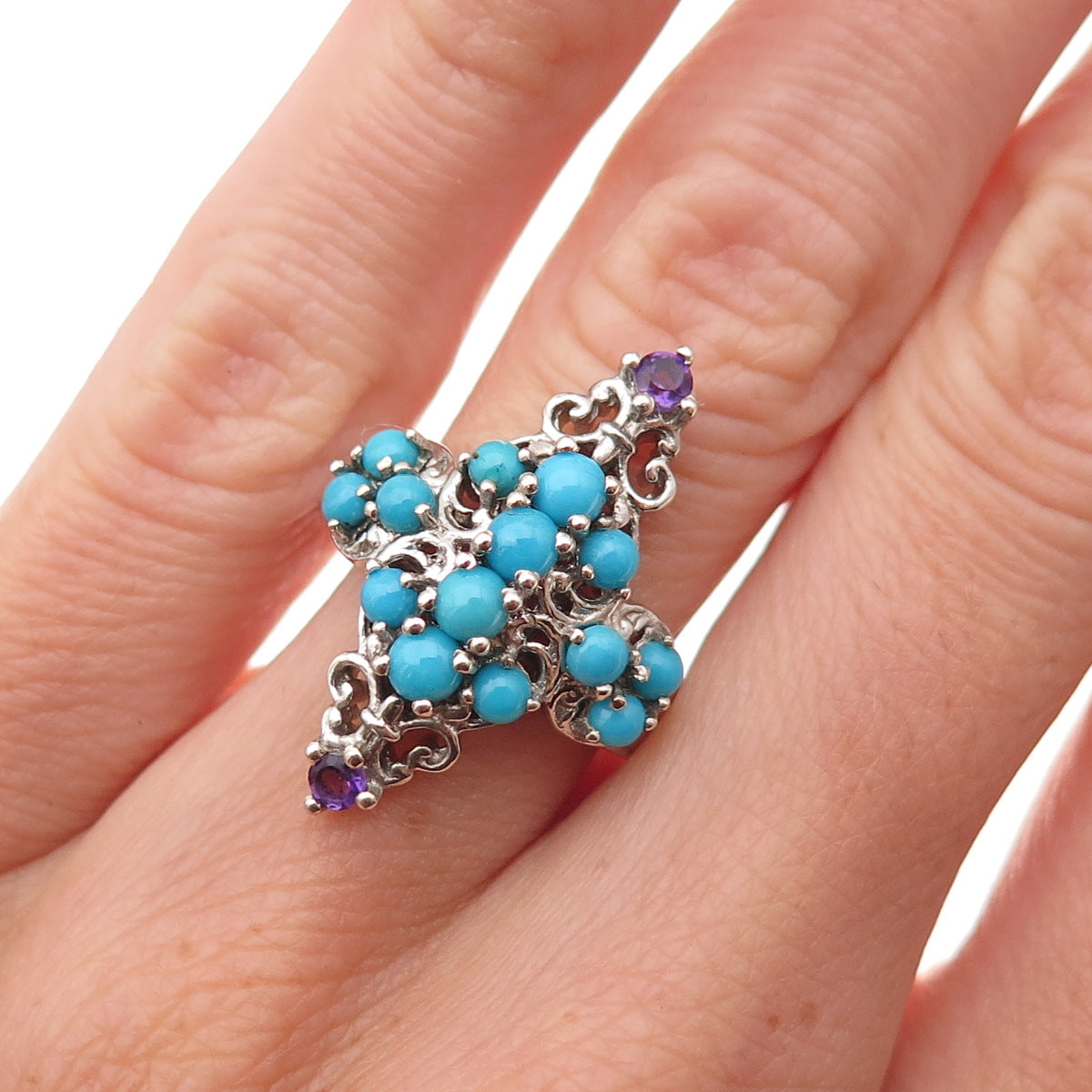 Chuck Clemency 925 Sterling Silver Real Turquoise Amethyst Cross Ring Size 5.25