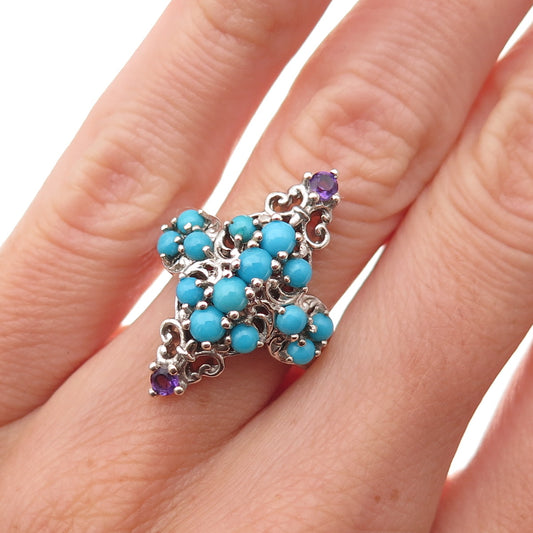 Chuck Clemency 925 Sterling Silver Real Turquoise Amethyst Cross Ring Size 5.25