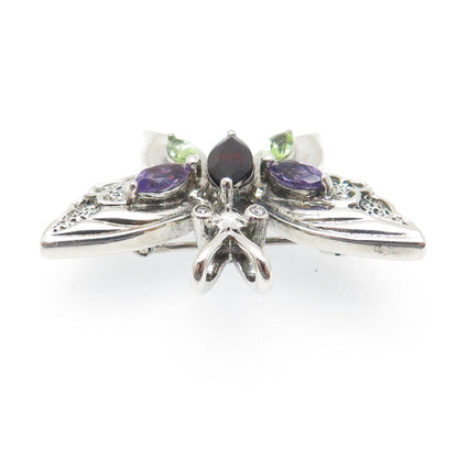 925 Sterling Vintage Real Peridot Amethyst Garnet & C Z Butterfly Brooch Pendant