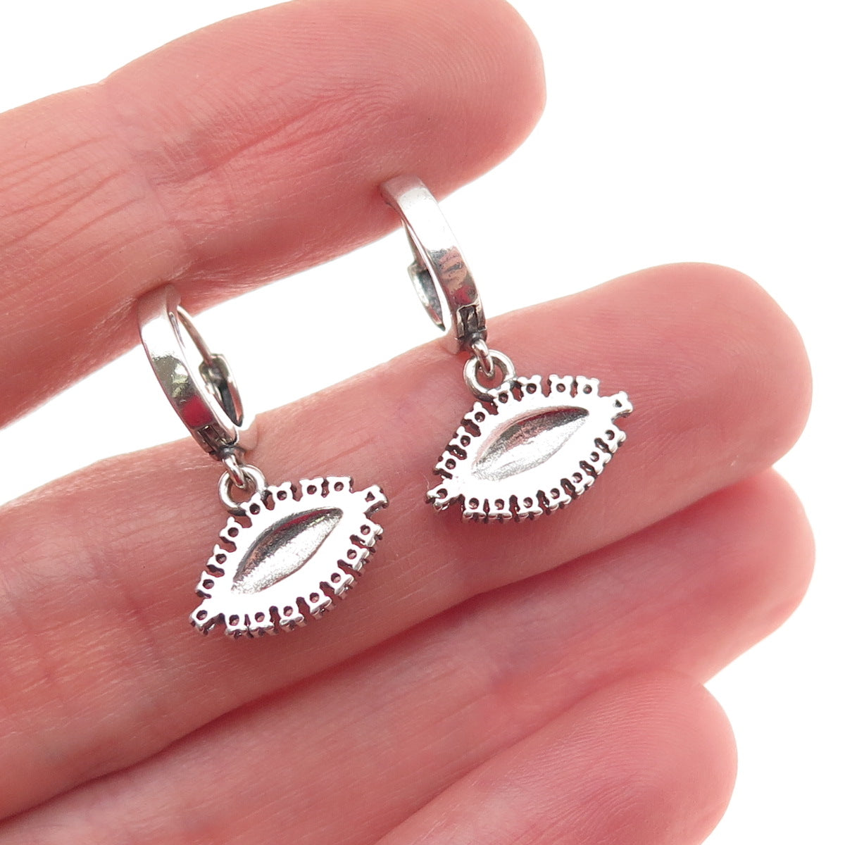 925 Sterling Silver Enamel & C Z Evil's Eye Dangle Charm Hoop Earrings