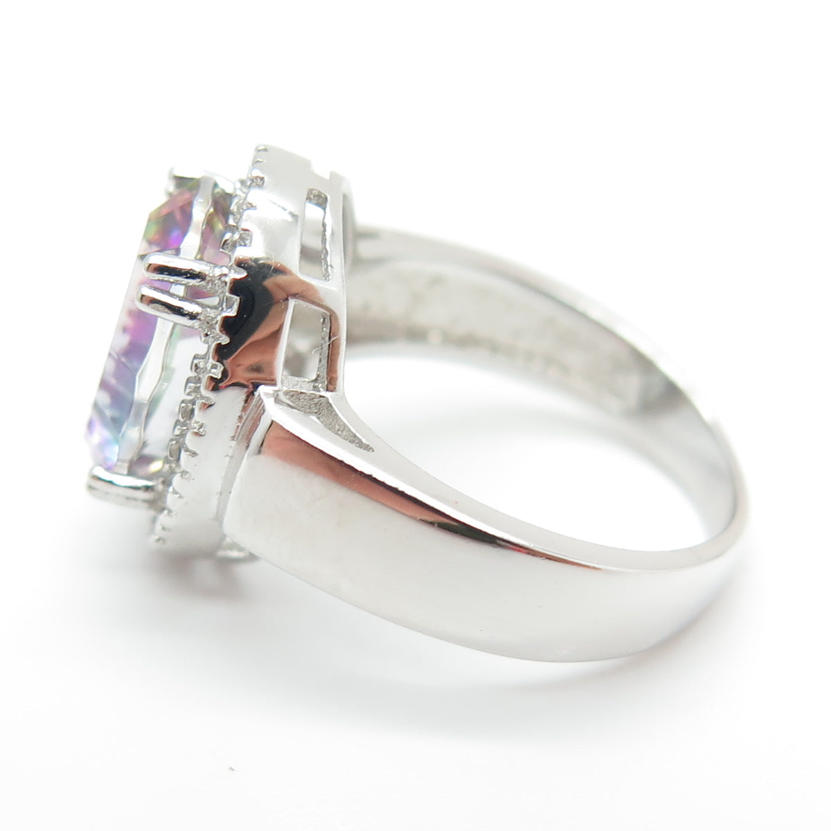 925 Sterling Silver Real Mystic Quartz & Round-Cut C Z Ring Size 4.75