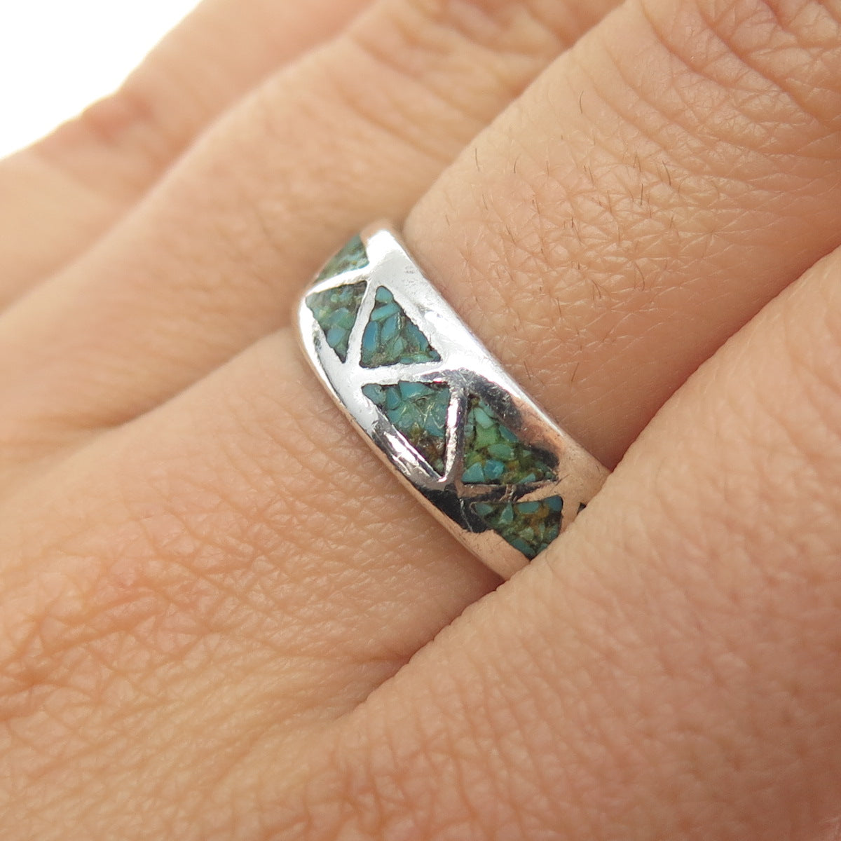 Tommy Long Navajo Old Pawn Sterling Vintage Turquoise Inlay Band Ring Size 8.5