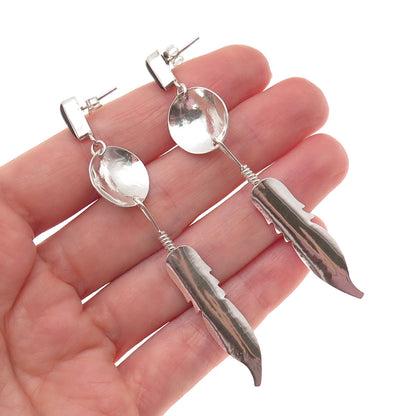 Old Pawn 925 Sterling Silver Vintage Black Onyx Concho Feather Dangle Earrings