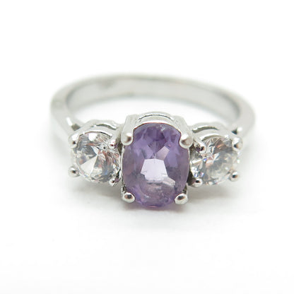 925 Sterling Silver Real Oval-Cut Amethyst & Round-Cut C Z Ring Size 5