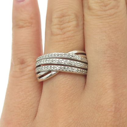 925 Sterling Silver Real Round-Cut Diamond Multi-Row Interlocked Ring Size 7.25