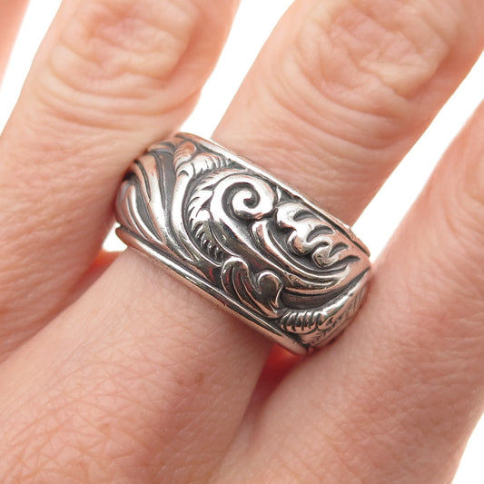 Suarti Bali 925 Sterling Silver Vintage Floral Oxidized Wide Band Ring Size 8.25