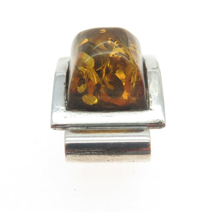 925 Sterling Silver Vintage Real Amber Modernist Square Pendant