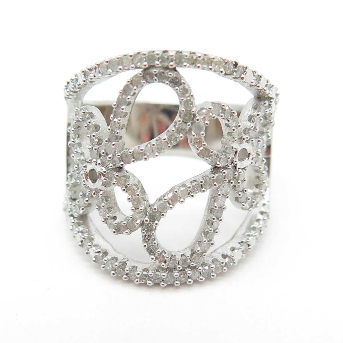 925 Sterling Silver Real Round-Cut Diamond Floral Cross Ring Size 7