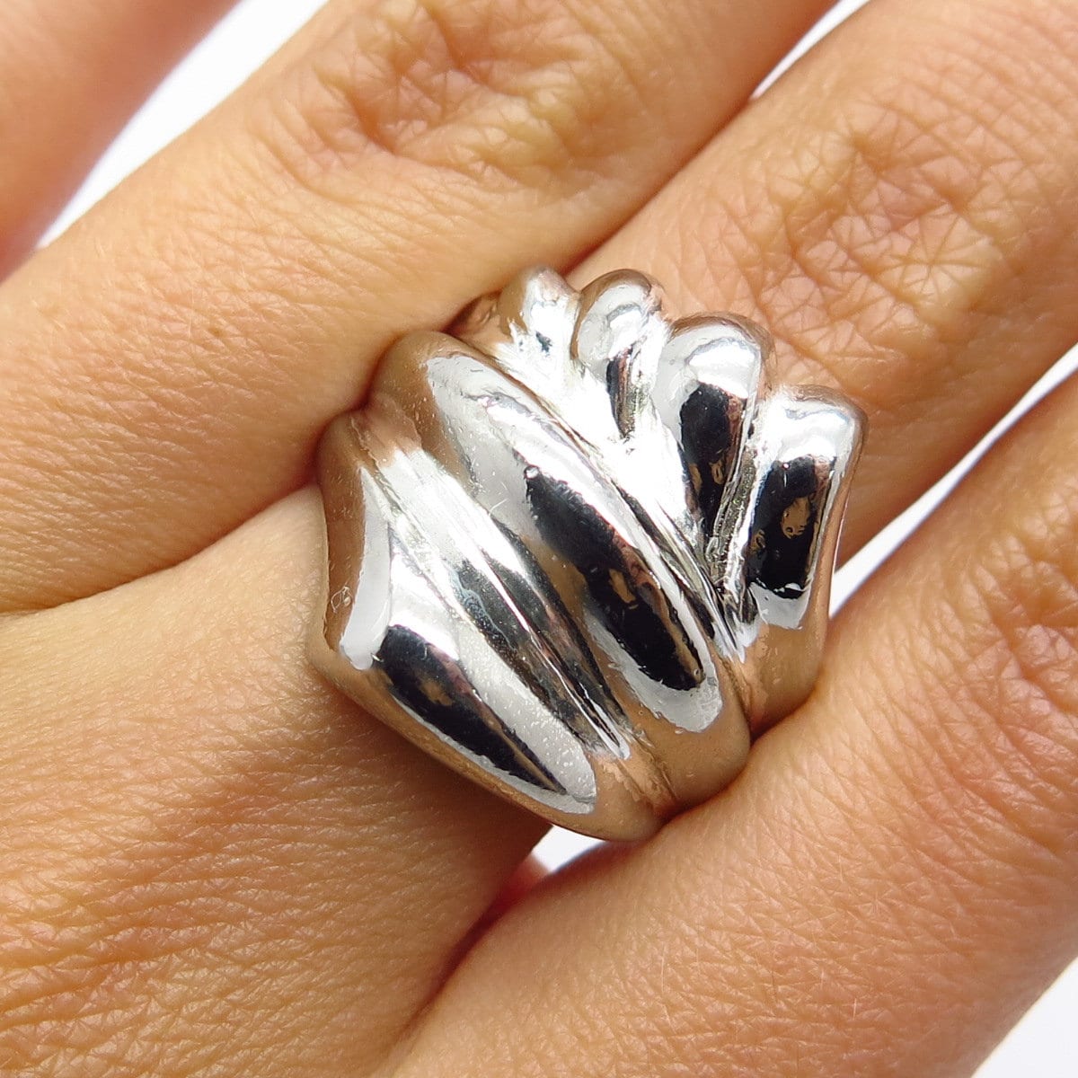 925 Sterling Silver Vintage HAN Ribbed Wide Ring Size 7.5