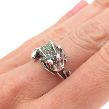 925 Sterling Silver Vintage Enamel Frog Good Luck Oxidized Ring Size 6