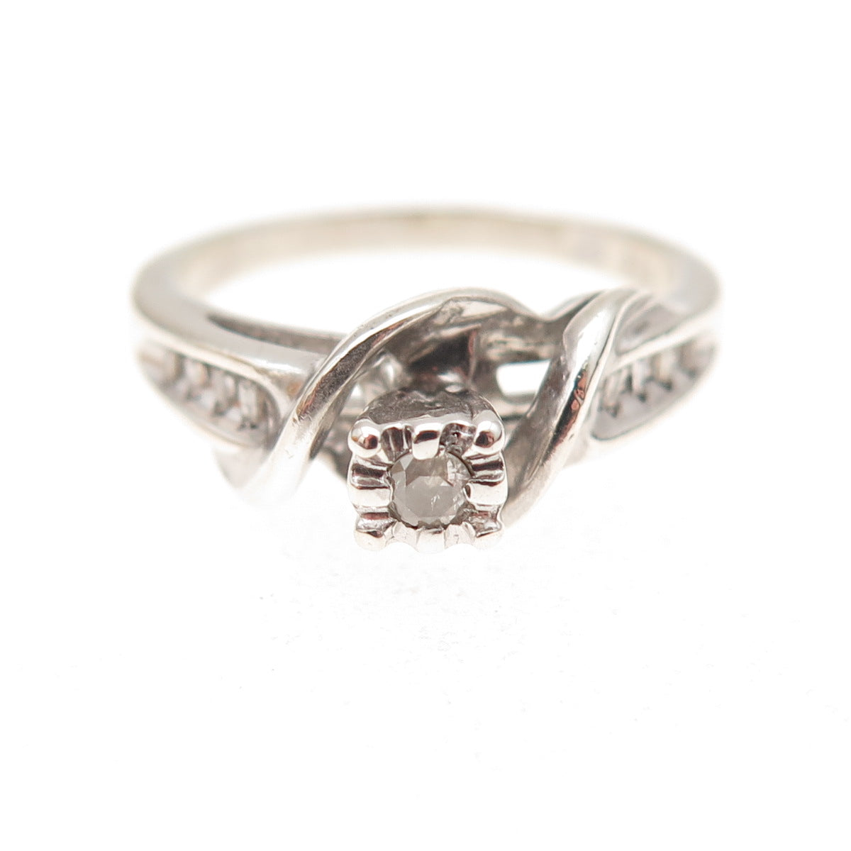 925 Sterling Silver Real Round & Emerald-Cut Diamond Engagement Ring Size 7