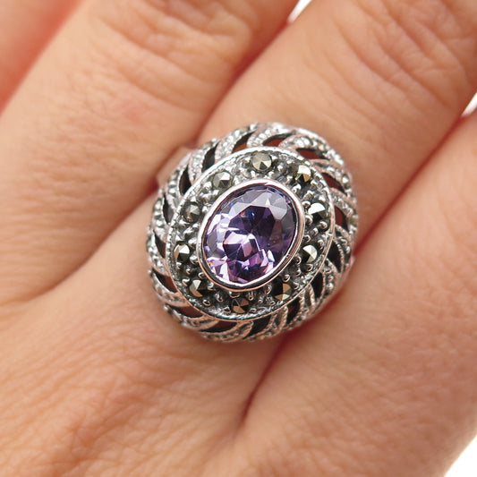 925 Sterling Silver Vintage Amethyst Marcasite Ring Size 6.75 (missing 2 stones)