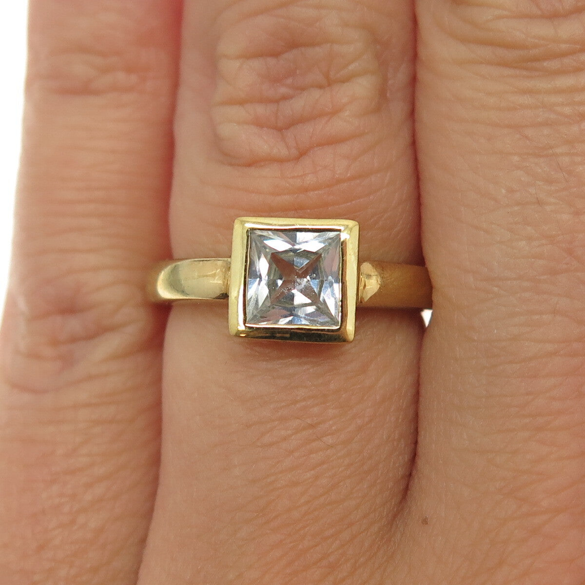 925 Sterling Silver Gold Plated Princess-Cut Shaped C Z Ring Size 6