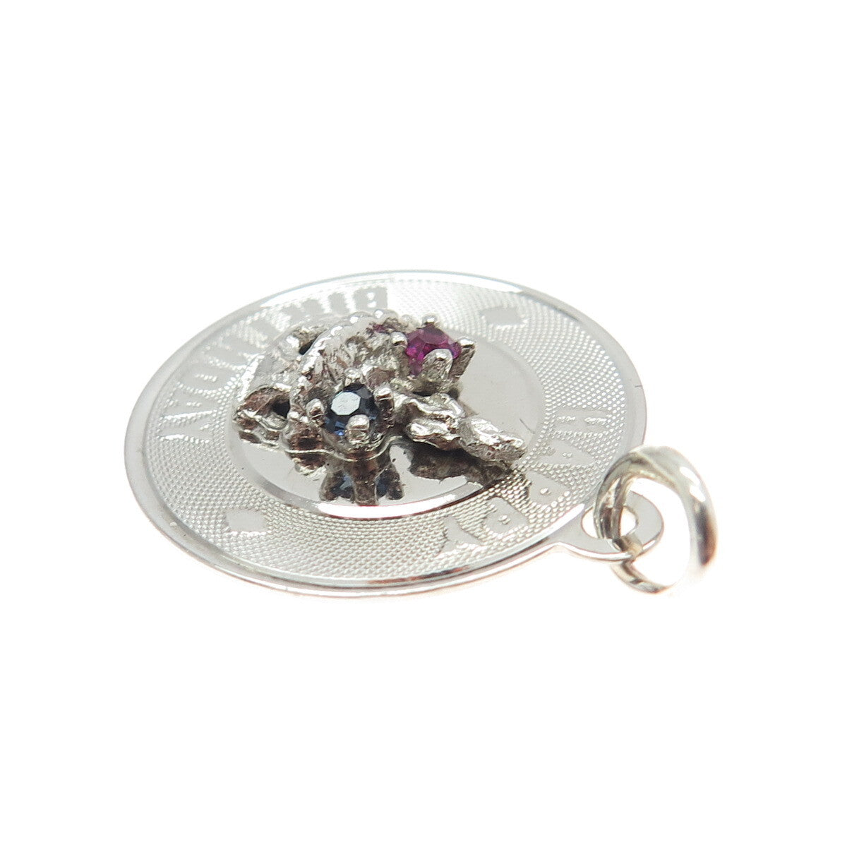 925 Sterling Silver Vintage Blue & Pink Rhinestone "Happy Birthday" Cake Pendant