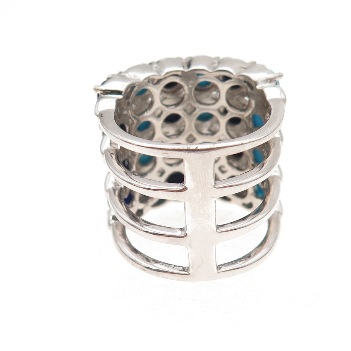 Chuck Clemency 925 Sterling Silver Real Turquoise & Lapis 4-Row Ring Size 8.25