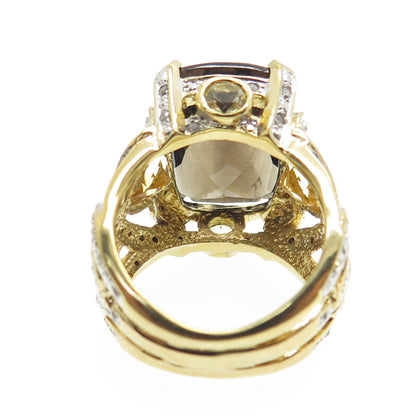 925 Sterling Silver Gold Plated Real Diamond Smoky Quartz & Citrine Ring Size 7