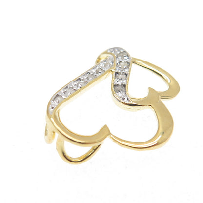 925 Sterling Silver Gold Plated Real Round-Cut Diamond Two Hearts Mini Pendant