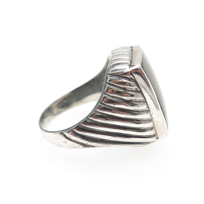 925 Sterling Silver Vintage Real Black Onyx Ribbed Oxidized Ring Size 9
